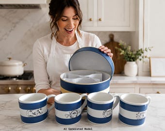 Vintage Williams Sonoma Stamped Label Mugs Set of 4, Blue White Striped English Coffee Tea Merchant Ceramic Cups New In Box Hatbox 2006