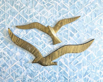 Vintage Mid Century Brass Seagulls Wall Decor Pair - Solid Brass Flying Birds MCM Coastal Nautical Wall Art - Stamped N - 1960s 1970s Decor