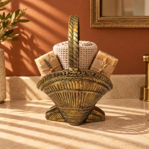 May include: A decorative gold-toned metal basket with a textured, fan-shaped base and a braided handle. Inside the basket sits a folded beige waffle-weave cloth and two rectangular bars of soap wrapped in brown paper with twine.