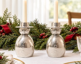 Vintage Crate Barrel Heavy Silver Metal Snowman Taper Candle Holder Pair Pristine Christmas Candlestick Set Original Labels Archival Holiday
