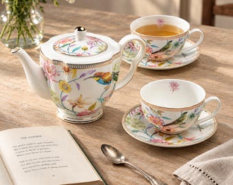 Sealed Vintage Shabby Chic Porcelain Tea Set Hummingbird Floral Teapot Cups Saucers New Boxed Fine China Cottagecore Rachel Ashwell Serves 2