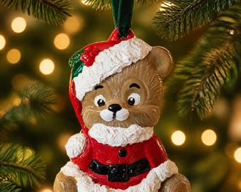 Vintage Ceramic Santa Bear Christmas Ornament with Original Box Hand Painted Holiday Decor Retro Teddy Bear Kitsch 1980s Studio Ceramic