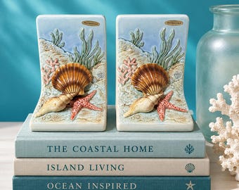 Vintage Otagiri Japan Sea Shore Ceramic Bookends Pair Hand Painted Shells Coral Coastal Decor Retro Nautical Library Shelf Styling 1980s
