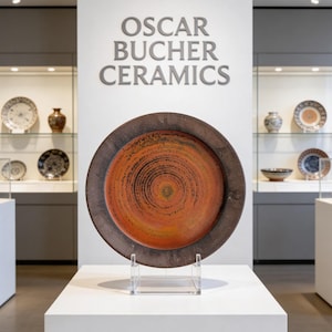 May include: A large ceramic plate with a dark brown rim and a vibrant orange and brown center, displayed on a clear stand. The plate features concentric circular patterns. The text "OSCAR BUCHER CERAMICS" is visible above the plate.