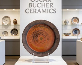 Oscar Bucher Signed Studio Pottery Tray 7" MCM California Art Ceramic Orange Bullseye Glaze Shallow Bowl Mid Century Modern Stoneware Gift