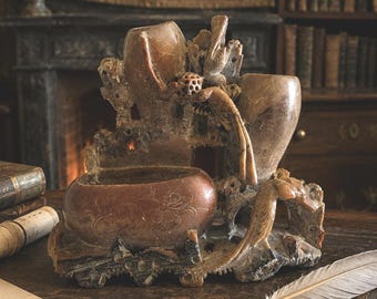 Vintage Chinese Hand Carved Soapstone Double Vase Brush Pot, Antique Bird and Flower Scholar Desk Decor, Natural Red Tan Stone Sculpture
