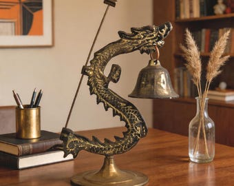 Vintage Brass Dragon Desk Bell with Striker Mallet, Chinese Temple Style Ornament, 7 Inch Solid Brass Dragon Bell, Feng Shui Home Decor Gift
