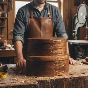 May include: Two handcrafted, oval-shaped wooden boxes with lids, stacked on a wooden workbench. The boxes are a warm brown color with decorative, curved accents. A person wearing a leather apron stands behind the boxes in a workshop setting.