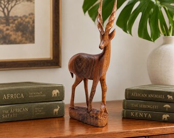 Vintage Besmo Kenya Hand Carved Wood Antelope Gazelle Statue Mid Century Modern African Olive Wood Impala Figurine Mother Fawn Art