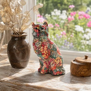 Vintage Patchwork Ceramic Cat Figurine, Floral Decoupage Kitty Statue, Heavy Fabric Covered Doorstop, Cottagecore Grandmillennial Decor