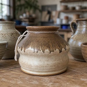 May include: A handmade ceramic vase with a two-tone brown and cream glaze. The vase has a rounded shape with a textured surface and a rope detail around the neck. Other ceramic pieces are in the background.