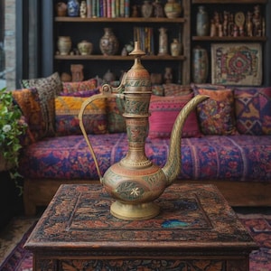 Vintage Etched Brass Aftabeh Ewer India, Hand Painted Floral Coffee Tea Pot, 1970s Boho Decor, Miniature Engraved Metal Pitcher, 6.75 Inch