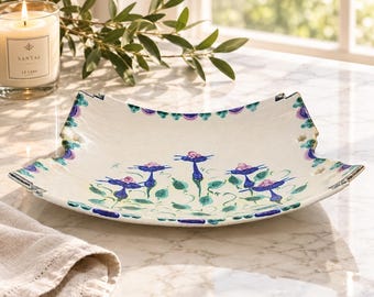 Art Nouveau Studio Art Pottery Platter, Charles Rennie Mackintosh Style Signed Serving Bowl, Hand Painted Fuchsia Centerpiece Tray