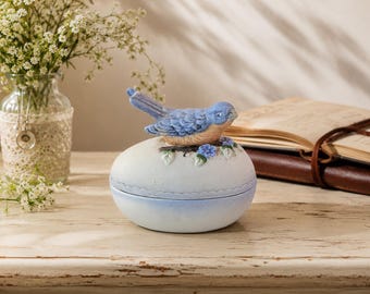 Vintage Bluebird Porcelain Egg Trinket Box Matte Bisque Songbird Keepsake Dish Hand Painted Flower Ring Holder Grandmillennial Decor