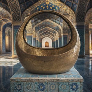 May include: A large, golden-colored, oval-shaped object with a handle, set against a backdrop of an ornate, arched hallway. The hallway features blue and gold tilework and leads to a distant doorway.