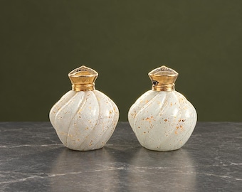 Vintage Irice NY Milk Glass Salt and Pepper Shakers, Mid Century White Gold Fleck Spatter Melon Shaker Set, 1950s Dresser Tableware