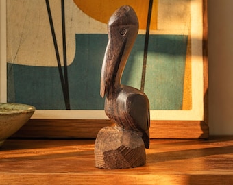 Vintage Ironwood Pelican Sculpture Hand Carved Mid Century Modern Art, Minimalist Wooden Pelican Figurine, Coastal Nautical Mantle Decor
