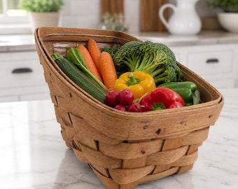 Vintage 1991 Longaberger Small Vegetable Basket with Plastic Protector | Handwoven Maple Signed Dated | Farmhouse Kitchen Countertop Decor