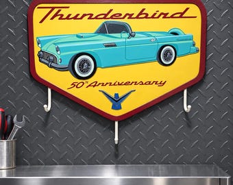 Ford Thunderbird 50th Anniversary Coat Rack Wood Wall Hanger, 1955 T-Bird Automotive Memorabilia Garage Decor, Official Ford Licensed Gift