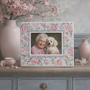 Vintage 1998 Santa Barbara Ceramic Design Pink Rose Picture Frame, SBCD Floral Ceramic Frame, Cottagecore Grannycore Decor, Botanical Gift