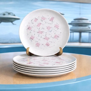 May include: A set of white ceramic plates with a pink and black geometric pattern. One plate is displayed on a wooden stand, while the others are stacked below. The plates have a mid-century modern design.