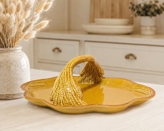 Vintage Russ Berrie Autumn Wheat Ceramic Handled Serving Tray, Mid Century Thanksgiving Platter Fall Harvest Decor