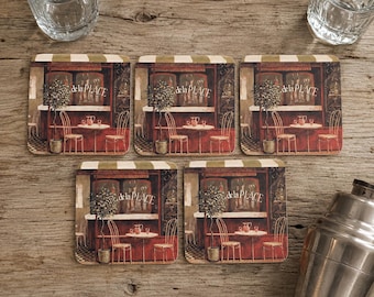 Vintage Pimpernel Coasters Set of 5 Cafe de la Place by Fabrice de Villeneuve Parisian Scene Cork Backed Drink Coasters French Bistro Decor