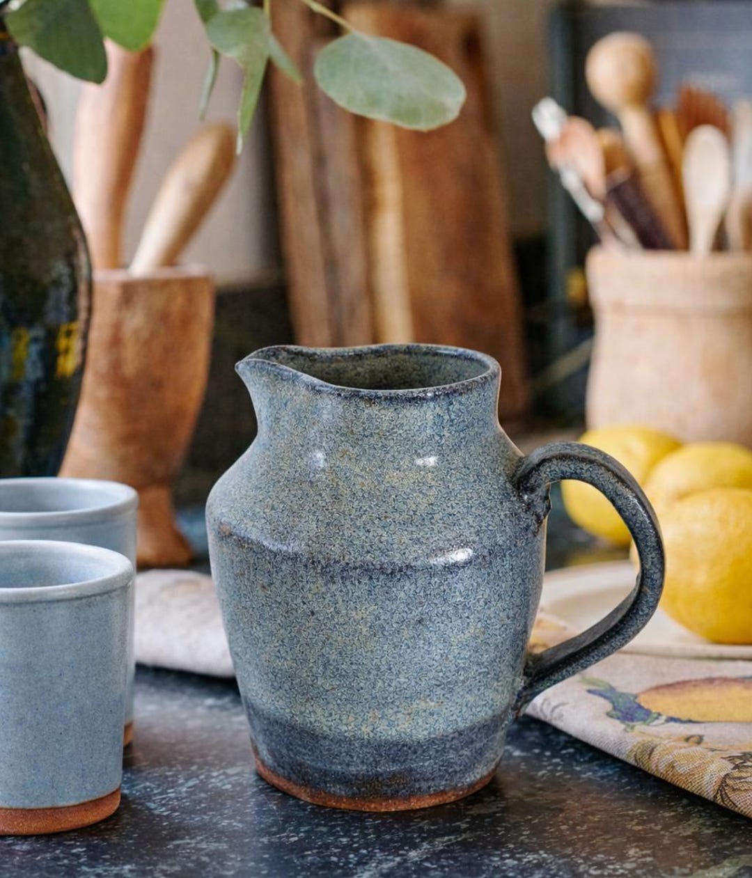 VTG Handmade Studio Art Pottery Pitcher Blue Speckled Stoneware Jug ...
