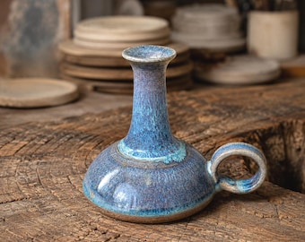 Vintage J Ross Studio Pottery Chamberstick Hand Thrown Blue Reactive Glaze Candlestick Holder Heavy Speckled Stoneware Ceramic Taper Holder