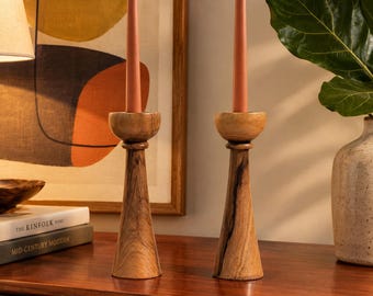 Mid Century Modern Olive Wood Candlesticks Pair Hand Turned Wooden Taper Candle Holders Vintage Danish Modern Minimalist Abstract Sculptural