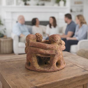 Vintage Mexican Circle of Friends Candle Holder - Signed Mexico Artisan Pottery - Heavy Lava Clay Terracotta Unity Sculpture - Boho Folk Art