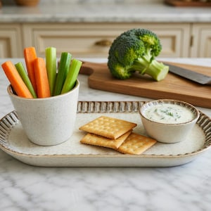 May include: An oval ceramic serving tray with a textured rim holds a small cup filled with carrot and celery sticks, three square crackers, and a small bowl containing a creamy white dip with green herbs, all arranged on a marble surface.