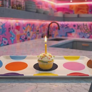 May include: A rectangular serving tray with colorful polka dots in blue, orange, pink, and yellow. A cupcake with a lit candle sits on the tray. The tray is on a countertop in a kitchen.