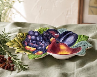 Vintage Clay Art Ceramic Fruit Divided Dish, Hand Painted Pear Grapes Relish Platter, Retro Fall Autumn Centerpiece Serving Bowl