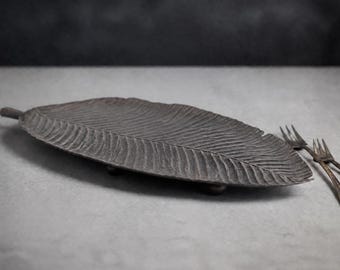 Vintage PartyLite Island Escape Banana Leaf Metal Tray, Antique Bronze Tropical Pillar Candle Holder, Retired P8411 Coastal Home Decor Gift