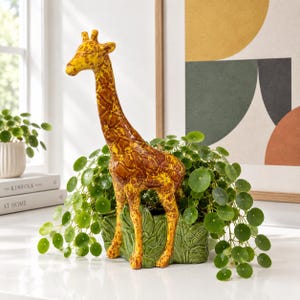 May include: A ceramic giraffe-shaped planter featuring a glossy yellow and brown spotted finish. The giraffe stands over a green, leaf-textured base designed to hold a plant, with a lush green Pilea peperomioides plant growing from the center.