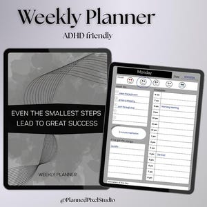 May include: Two black tablets displaying a weekly planner. One tablet shows a cover with text "Weekly Planner" and "Even the smallest steps lead to great success." The other tablet shows a daily schedule with the word "Monday" and a date.