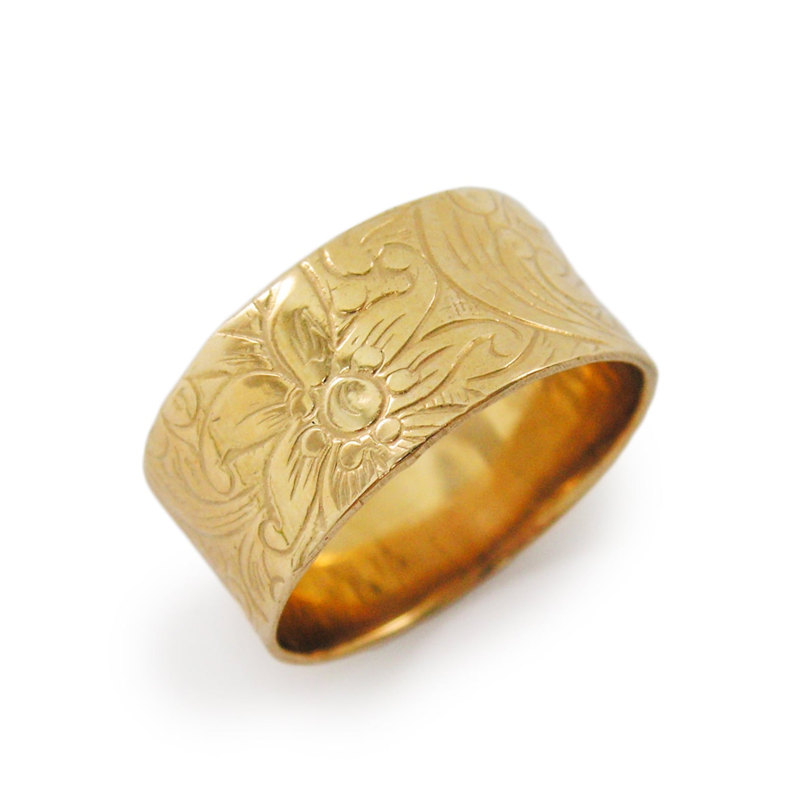 Gold Wedding Band. Floral Wedding Band. Wide Wedding Band. Etsy