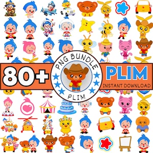 May include: A collection of over 80 PNG images featuring cartoon characters, including clowns, bears, and other animals. The images are in various poses and outfits, with the text "PNG Bundle" and "PLIM Instant Download".