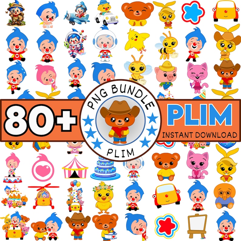 May include: A collection of over 80 PNG images featuring cartoon characters, including clowns, bears, and other animals. The images are in various poses and outfits, with the text "PNG Bundle" and "PLIM Instant Download".