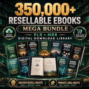 May include: A digital collection of 350,000+ resellable ebooks in a mega bundle. The display features multiple book covers with titles like Mindful Living, Digital Marketing Mastery, and Financial Freedom Blueprint, plus an open book showing text.