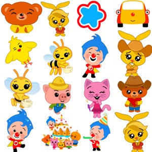 May include: A collection of colorful cartoon character illustrations. The characters include a bear, bunny, chick, bee, pig, cat, and a clown-like figure. There is also a yellow car and a blue cloud shape. Some characters are holding objects.