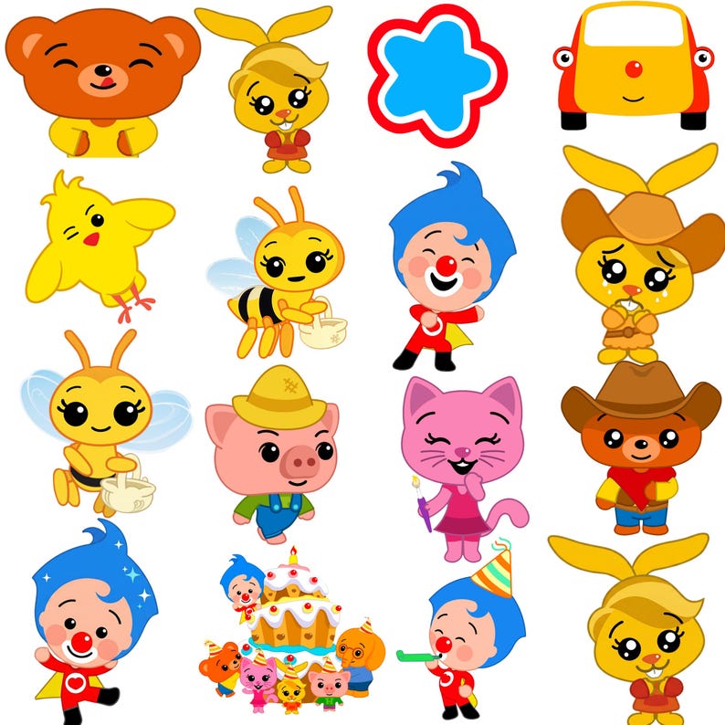 May include: A collection of colorful cartoon character illustrations. The characters include a bear, bunny, chick, bee, pig, cat, and a clown-like figure. There is also a yellow car and a blue cloud shape. Some characters are holding objects.