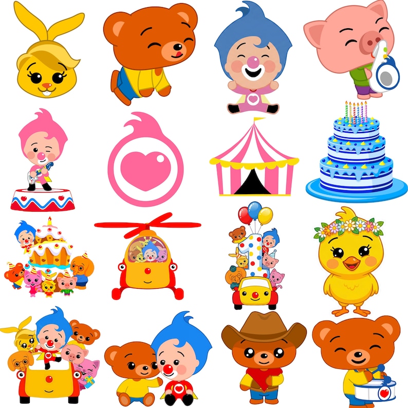 May include: A collection of colorful cartoon illustrations featuring various characters, including a bunny, bear, clown, pig, and chick. The images also include a circus tent, a cake, a helicopter, and a car with balloons, all in a playful style.