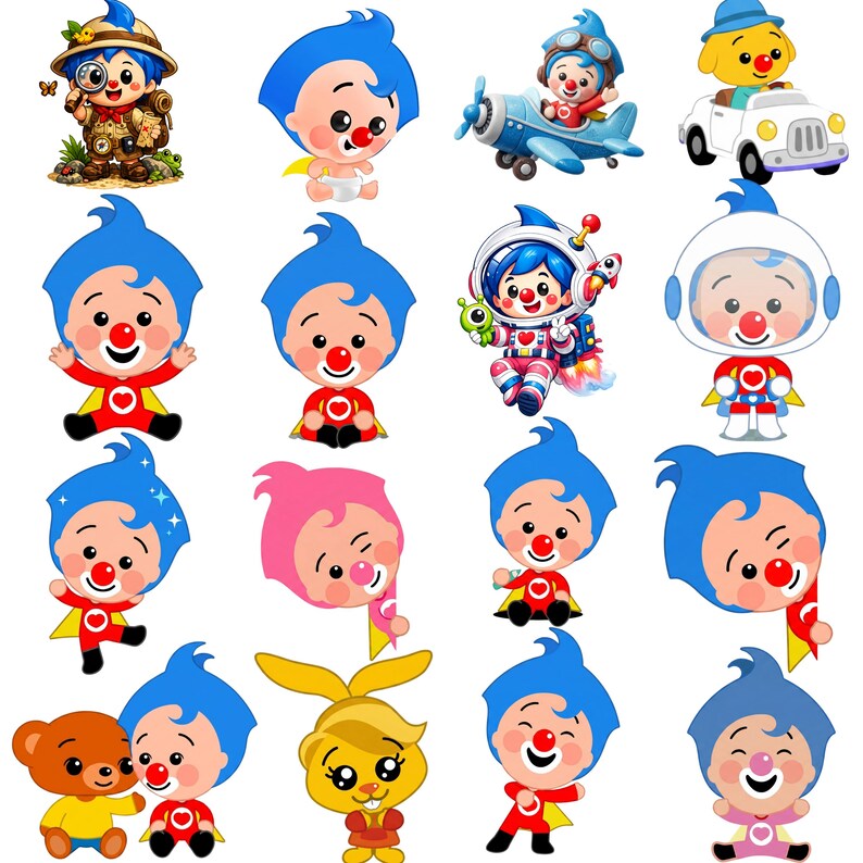 May include: A collection of cartoon character illustrations. The characters have blue hair, red noses, and are dressed in various outfits, including a superhero costume, an astronaut suit, and a pilot's uniform. Some characters are paired with a teddy bear or a bunny.