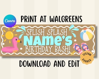 Pool Party Sign | Summer | Birthday Party Banner | Printable Banner | Splish Splash Pool Theme Decor (digital download,  editable banner)