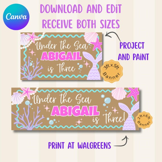 Mermaid Birthday Party Banner | Girly Birthday | Under the Sea | Birthday Sign | Printable Banner (digital download, editable banner)