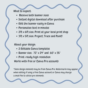 May include: A light grey digital information graphic with a wavy blue border. The text lists details for two editable Canva banner templates in sizes 2ft x 6ft and 3ft x 5ft, or 72 inches by 24 inches and 60 inches by 35 inches, including instructions.