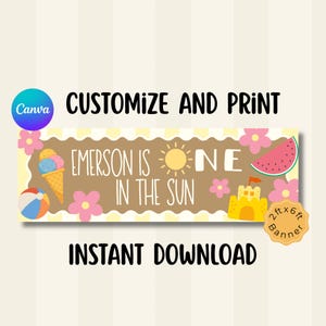 Könnte beinhalten: Ein rechteckiges Banner mit den Maßen 2ft x 6ft mit beigem Hintergrund und weißen, gewellten Rändern. Der Text lautet EMERSON IS ONE IN THE SUN. Die Grafiken zeigen eine bunte Eiswaffel, einen Strandball, eine gelbe Sonne, rosa Blumen, ein Stück Wassermelone und eine gelbe Sandburg.
