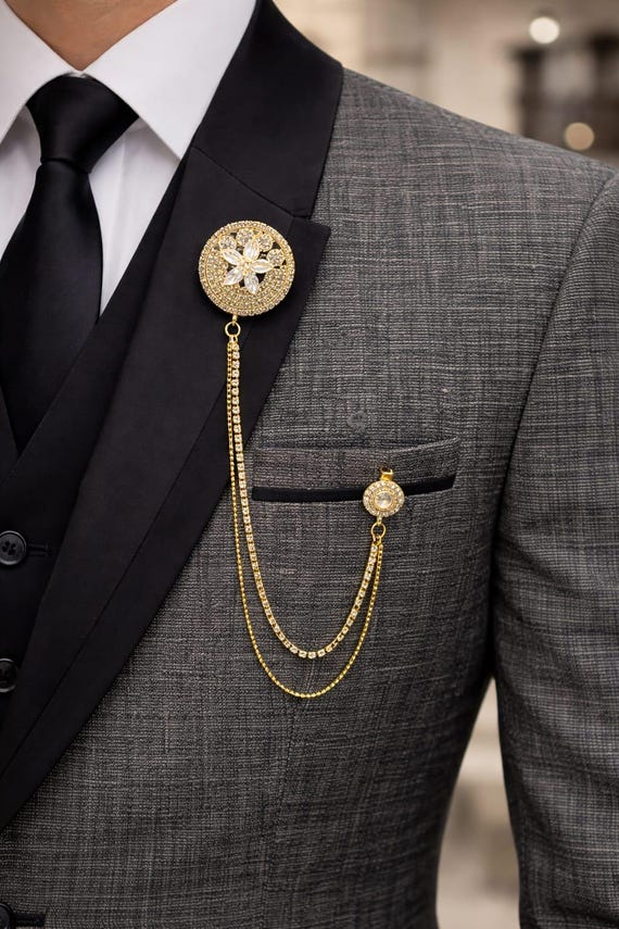 mens formal dress accessories Gold Floral Brooch For Men, Suit Accessories, Wedding Chain pin French White